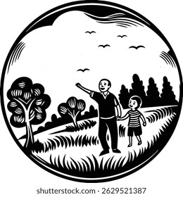 Ilustração vetorial em preto e branco de um pai e uma criança caminhando de mãos dadas através de uma paisagem cênica. Esta silhueta de arte em linha captura a essência do vínculo familiar, tornando-a ideal para os pais