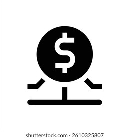 A black and white vector illustration features a dollar symbol prominently displayed on a balanced platform, symbolizing finance and economic stability in a simplified design.