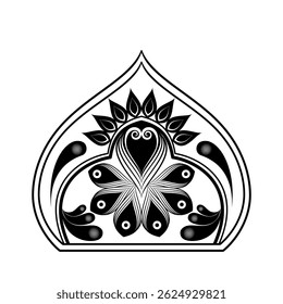 A black and white vector illustration features a symmetrical floral mandala  decorative ornament elements with intricate tribal and ethnic patterns. Hand-drawn geometric 