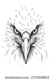 La Ilustración vectorial en blanco y negro presenta una cabeza de águila altamente detallada con ojos intensos y enfocados y un trabajo de línea nítido. Diseñada en un estilo monocromo audaz, la obra de arte enfatiza una expresión poderosa