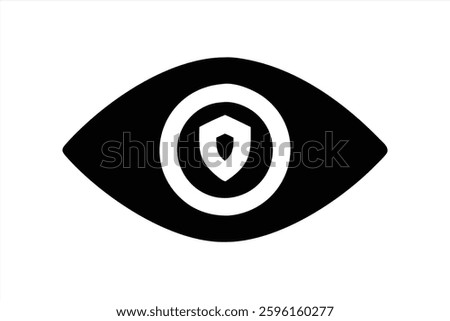 A black and white vector illustration features a stylized eye design with a shield at its center, symbolizing security, protection, and vigilance in a modern context.