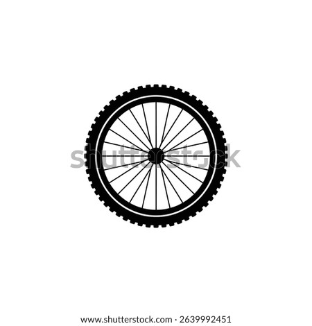 A black and white vector illustration features a tire with knobby tread and a wheel with spokes, characteristic of a mountain bike.