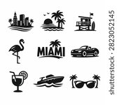 Black and white vector illustration featuring Miami skyline buildings and iconic symbols