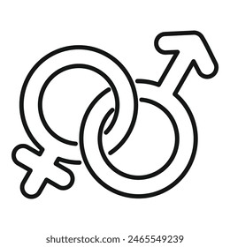 Black and white vector illustration featuring interlocking male and female symbols
