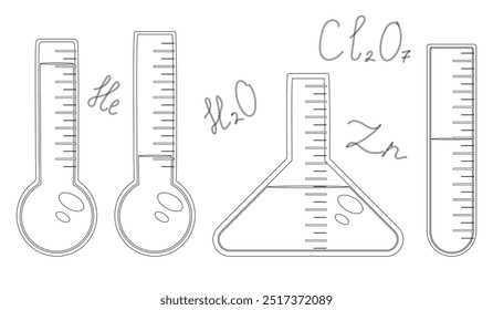 Black and white vector illustration featuring chemistry lab tools for a back-to-school-themed coloring book. Perfect for educational resources.