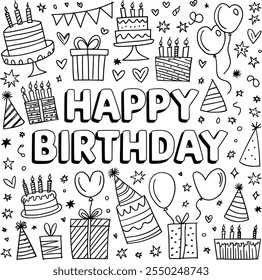 Black and white vector illustration featuring the text 'HAPPY BIRTHDAY' surrounded by various birthday-themed elements such as cakes, gift boxes, balloons, party hats, stars, and hearts.