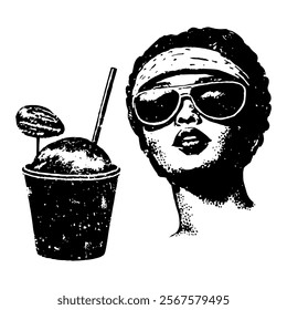 black and white vector illustration featuring a stylish woman in sunglasses and a headband alongside a refreshing drink with a straw and a macaron, perfect for trendy designs