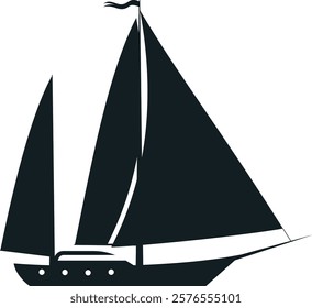 Black and white vector illustration featuring a sailboat gliding through the water, its black sails fully deployed and a small pennant fluttering atop the mast