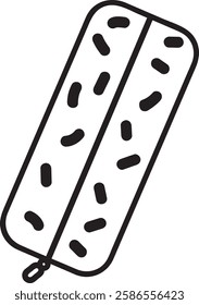 Black and white vector illustration featuring a rectangular pencil case with a zipper and sprinkles pattern, isolated on a white background, embodying school supplies and creativity