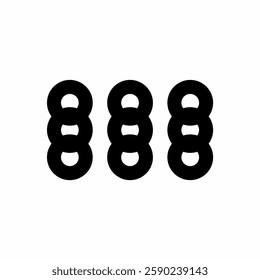 a black and white vector illustration featuring three vertical stacks of three interlocked rings each, creating a symmetrical pattern. 
