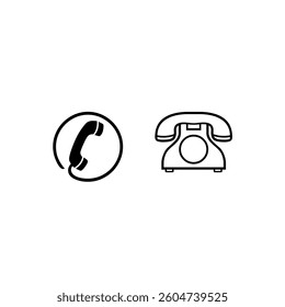 A black and white vector illustration featuring two telephone icons—a classic rotary phone and a handset inside a circular border—symbolizing communication and connectivity.