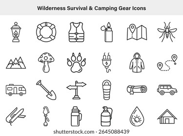 Black and white vector illustration featuring line art icons of wilderness survival and camping equipment lantern, life vest, map, mountain, insect, camper, and more.