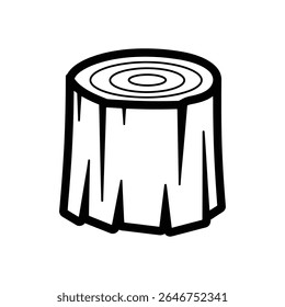 Black and white vector illustration featuring a tree stump with visible concentric growth rings on its flat top surface. Stylized drawing against a white background.