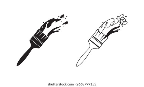 Una Ilustración vectorial en blanco y negro con dos pinceles, uno sólido y otro contorno, ambos representados con salpicaduras y goteos de pintura dinámica.
