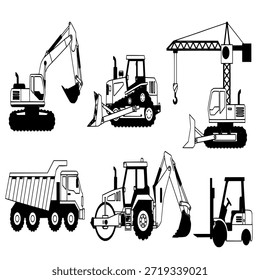 A black and white vector illustration featuring a collection of various heavy equipment and construction vehicles. This image includes silhouettes of an excavator, bulldozer, crane, dump truck, backhoe loader, and forklift, designed in outline or solid silhouette style. Ideal for designs related to the construction, civil engineering, or transportation industries