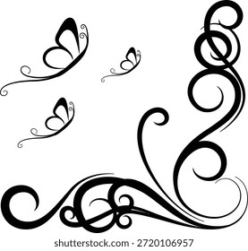Uma ilustração vetorial em preto-e-branco com três borboletas estilizadas voando graciosamente sobre um design elegante de canto rodado e floral.