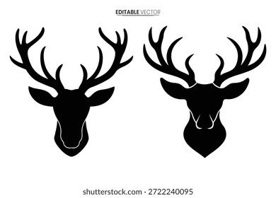 Ilustração vetorial em preto e branco com duas silhuetas de cabeça de veado com chifres proeminentes.