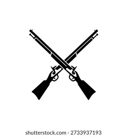 A black and white vector illustration featuring two antique rifles crossed in a classic X-shape, symbolizing history and weaponry.