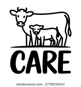 A black and white vector illustration featuring a cow and calf standing together with the word care beneath them, emphasizing animal welfare.