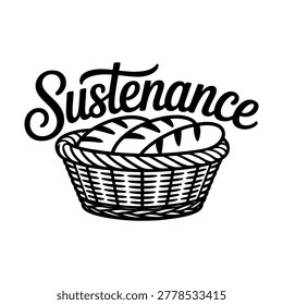 A black and white vector illustration featuring a woven basket with the word sustenance written above in a cursive font.