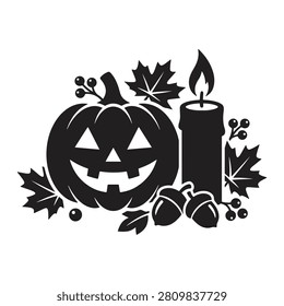 A black and white vector illustration featuring a spooky Halloween pumpkin, a burning candle, fall maple leaves, and acorns for autumn celebrations.