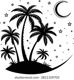 A black and white vector illustration featuring a group of palm trees on a small island under a night sky with a crescent moon and scattered stars.