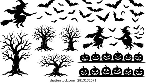 A black and white vector illustration featuring a collection of Halloween elements including a witch, bats, trees, and pumpkins in a distinctive silhouette style.
