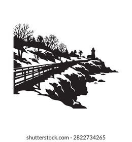 Black and white vector illustration featuring scenic winter coastal path with lighthouse perched on snowy cliff edge near frozen sea. Bare trees and icy terrain create dramatic atmosphere suitable for travel posters cold season adventures or nature themed graphic design projects and wall art.