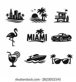 Black and white vector illustration featuring Miami skyline buildings and iconic symbols