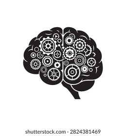 Black and white vector illustration featuring human brain silhouette filled with intricate clockwork gears. Symbolizes cognitive function innovation mechanical mindset thinking process technology and analytical problem solving skills.