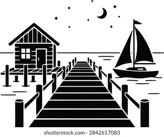 A black and white vector illustration featuring a wooden dock leading to a small cabin and a sailboat under a starry night sky.