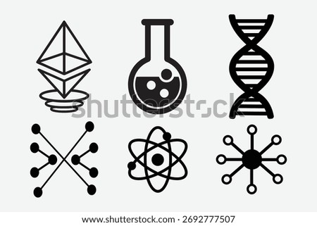 Black and white vector illustration featuring a set of science and technology icons including DNA strand, atom model, laboratory flask, and molecular structures. Ideal for educational materials
