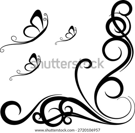 A black and white vector illustration featuring three stylized butterflies gracefully flying above an elegant, swirling floral and scrollwork corner design.