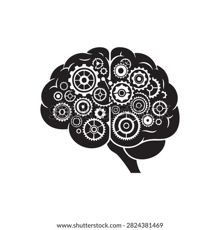 Black and white vector illustration featuring human brain silhouette filled with intricate clockwork gears. Symbolizes cognitive function innovation mechanical mindset thinking process technology and analytical problem solving skills.
