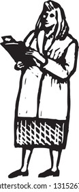 Black and white vector illustration of a female doctor