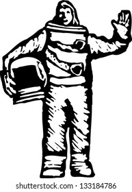 Black and white vector illustration of female astronaut