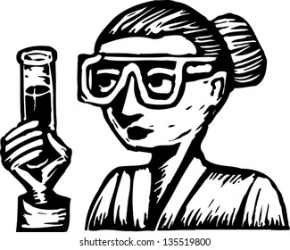 Black and white vector illustration of female scientist