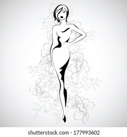 Black and white vector illustration. Female silhouette