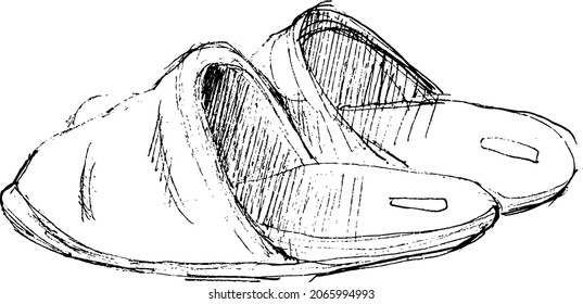 Black and white vector illustration of female house slippers, isolated, hand-drawn, in outline sketch style 