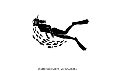 A black and white vector illustration of a female snorkeler with fins and a mask swimming gracefully in the ocean, surrounded by a group of small fish. Isolated on a white background.