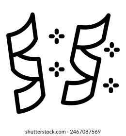 Black and white vector illustration of festive confetti and streamer icons