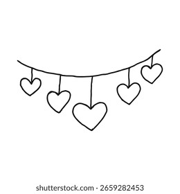 Black and white vector illustration of a festive garland with hearts in doodle style. Minimalist outline drawing for Valentine s Day, romantic design, greeting cards, posters, and holiday decor.