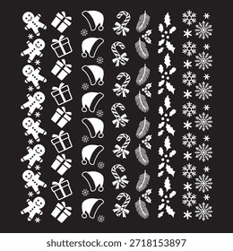  Ilustração vetorial em preto e branco de uma grinalda festiva com luzes, sinos e texto de "Feliz Natal", ideal para bordas, banners ou decorações de férias.