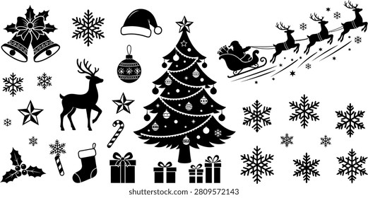 Black and white vector illustration of festive winter holiday elements on white background Black and white vector illustration of festive winter holiday elements on white background