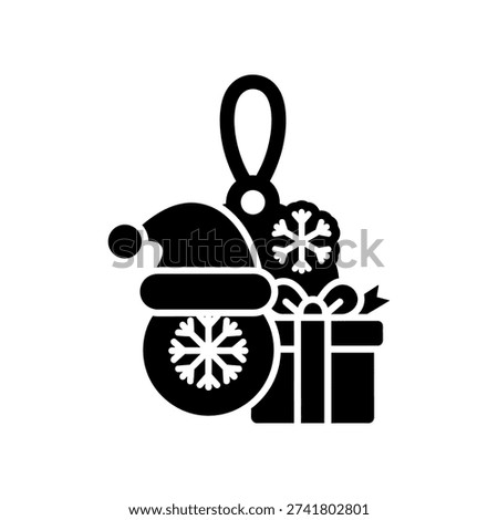 Black and white vector illustration of a festive Christmas kettle bell adorned with snowflakes and a gift tag.