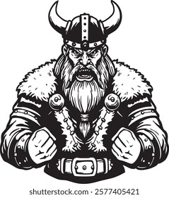 Black and white vector illustration of a fierce Viking warrior. He wears a horned helmet and has a long, braided beard. 