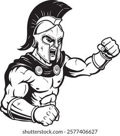 Black and white vector illustration of a fierce Spartan warrior in a battle stance. He is depicted with a muscular build, wearing a classic Spartan helmet and a cape. 