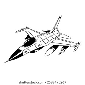 Black and white vector illustration of a fighter jet in flight with missiles. Perfect for aviation designs, military projects, air force themes, logos, tattoos, decals, and technical illustrations.