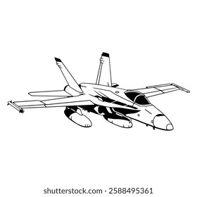 Black and white vector illustration of a fighter jet in flight with missiles. Perfect for aviation designs, military projects, air force themes, logos, tattoos, decals, and technical illustrations.