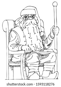 black and white vector illustration - Finnish Santa Claus (Joulupukki) sits in a chair with a staff
